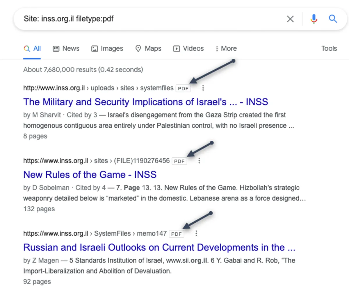רשימה של קבצי PDF שגוגל אנדקס על ידי שימוש באופרטורים site + filetype