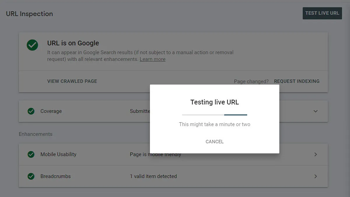 Inspect URL ב Google Search Console